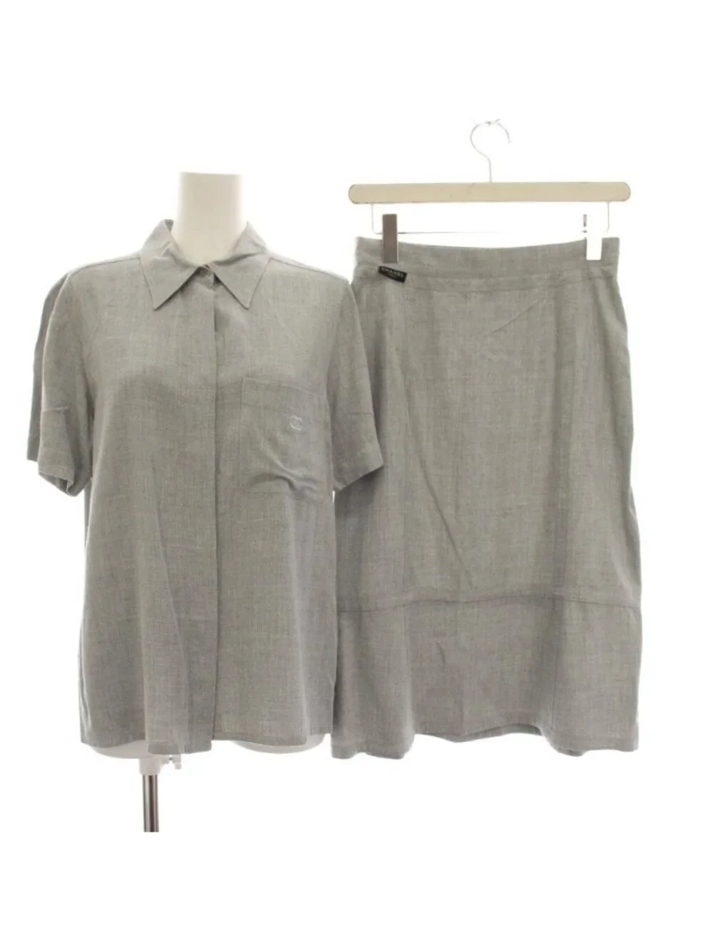 Chanel CC Logo Set Top and Bottom Shirt Blouse Short Sleeve Flare Skirt Knee